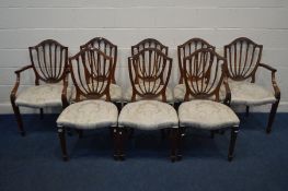 A SET OF EIGHT REPROUCTION MAHOGANY HEPPLEWHITE CANDLESTICK DINING CHAIRS including two carvers (