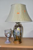 A COBRIDGE STONEWARE BALUSTER TABLE LAMP, decorated with the Sneyd Colliery design, on a wooden base