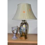 A COBRIDGE STONEWARE BALUSTER TABLE LAMP, decorated with the Sneyd Colliery design, on a wooden base