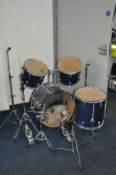 A PERCUSSION PLUS FOUR PIECE DRUM KIT including a 22x14 inch kick, 16x16 inch floor, a 13x11 inch