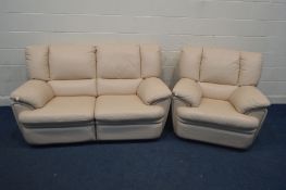 A CREAM LEATHER MANUAL RECLINING TWO PIECE SUITE, comprising a two seater settee and a single