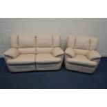 A CREAM LEATHER MANUAL RECLINING TWO PIECE SUITE, comprising a two seater settee and a single