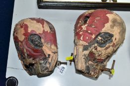 TWO 1940'S PERCUSSION SKULLS, of two different sizes (in tatty condition)