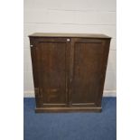 AN EARLY TO MID 20TH CENTURY OAK PANELLED TWO DOOR CUPBOARD, width 122cm x depth 45cm x height 137cm