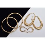 THREE PAIRS OF YELLOW METAL HOOP EARRINGS, the first a pair of textured oval hoop earrings with