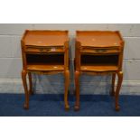 A PAIR OF FRENCH BEECH BEDSIDE CABINETS with single drawers, width 49cm x depth 31cm x height 69cm