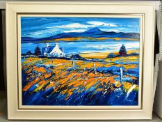 LYNN RODGIE (BRITISH CONTEMPORARY) 'GOLDEN FIELDS, EVENING' a Scottish landscape, signed bottom