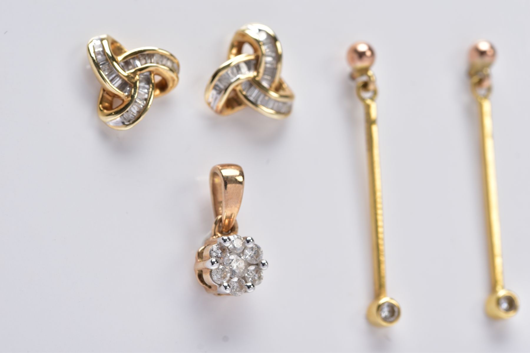 TWO PAIRS OF DIAMOND EARRINGS AND A DIAMOND PENDANT, to include a pair of yellow metal earrings each - Image 2 of 4