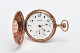 A ROLLED GOLD WALTHAM FULL HUNTER POCKET WATCH, white Arabic numeral dial, subsidiary seconds dial