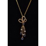 A 9CT GOLD SAPPHIRE AND DIAMOND PENDANT NECKLET, the pendant of a rope twist design set with a