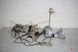 A PAIR OF VINTAGE PHOTAX ALUMINIUM SHADED CLIP ON LAMPS 18cm in diameter and another lamp (