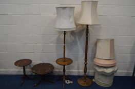 A BEECH STANDARD LAMP with a central circular tray, another standard lamp, two mahogany wine