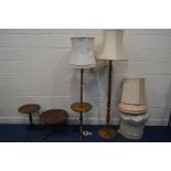 A BEECH STANDARD LAMP with a central circular tray, another standard lamp, two mahogany wine