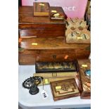 WOODEN BOXES ETC, to include a distressed writing slope, olive wood pocket watch holder, oak box