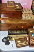 WOODEN BOXES ETC, to include a distressed writing slope, olive wood pocket watch holder, oak box