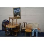 AN OAK CIRCULAR PEDESTAL TABLE together with four chairs, four various other chairs including a