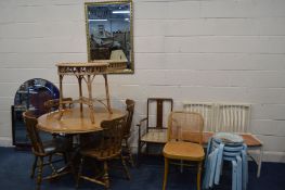 AN OAK CIRCULAR PEDESTAL TABLE together with four chairs, four various other chairs including a