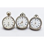 THREE OPEN FACED POCKET WATCHES, the first with a white dial, Roman numerals, seconds subsidiary