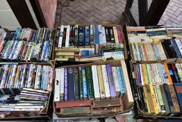 SIX BOXES OF BOOKS AND DVD'S ETC, books include Ruth Rendell, Henning Mankell, James Herriot,