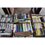 SIX BOXES OF BOOKS AND DVD'S ETC, books include Ruth Rendell, Henning Mankell, James Herriot,