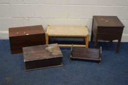 A MAHOGANY STORAGE CHEST, along a stained pine chest storage chest, a beech footstool, an oak book