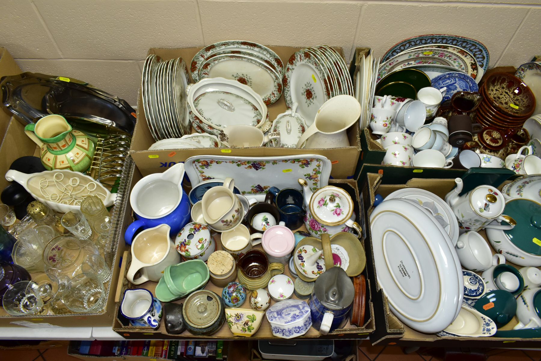 SEVEN BOXES OF CERAMICS AND SUNDRIES, to include Denby Chatsworth tureen and two platters, Denby