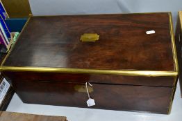 A ROSEWOOD BRASS BOUND WRITING SLOPE, the hinged lid opens to reveal a replacement green leather