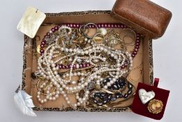 A BOX OF ASSORTED COSTUME JEWELLERY, to include a quantity of cultured freshwater pearl necklaces, a