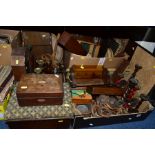 THREE BOXES AND LOOSE TREEN, ETC, including a Victorian rosewood jewellery box, distressed, width