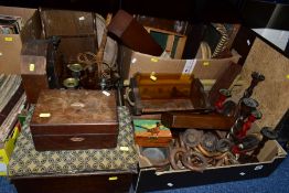 THREE BOXES AND LOOSE TREEN, ETC, including a Victorian rosewood jewellery box, distressed, width