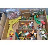 A QUANTITY OF LOOSE ASSORTED PLAYWORN PLASTIC FIGURES AND ACCESSORIES, assorted soldiers, cowboys,