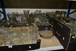 FIVE BOXES OF GLASSWARES, etc to include pressed glass vases and bowls, comports, epergne flutes,