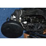 A COLLECTION OF TAMA AND OTHER DRUM HARDWARE in a Slazenger bag, including Tama tom arm, hi hat
