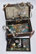 A WOODEN JEWELLERY BOX WITH CONTENTS, to include pieces such as a yellow metal stick pin set with