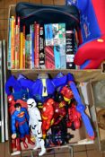 TWO BOXES OF FILM AND TV ACTION FIGURES, CHILDRENS BOOKS AND ANNUALS, etc, including Mattel DC,