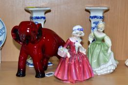 FIVE PIECES OF ROYAL DOLTON, comprising 'Fair Maiden' HN2211, 'Lavinia' HN1955, a flambé model of an