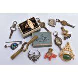 A COLLECTION OF POCKET WATCH KEYS, gold plated fobs and jewellery items to include a Charles