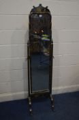 A JAPANNED AND PARCEL GILT CHEVAL MIRROR, with chinoiserie decorations width 40cm x height 167cm