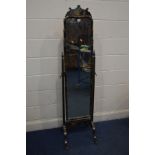 A JAPANNED AND PARCEL GILT CHEVAL MIRROR, with chinoiserie decorations width 40cm x height 167cm
