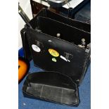 A DRUM HARDWARE CASE and a wheeled bag containing various vintage drum hardware and stands,cow bell,