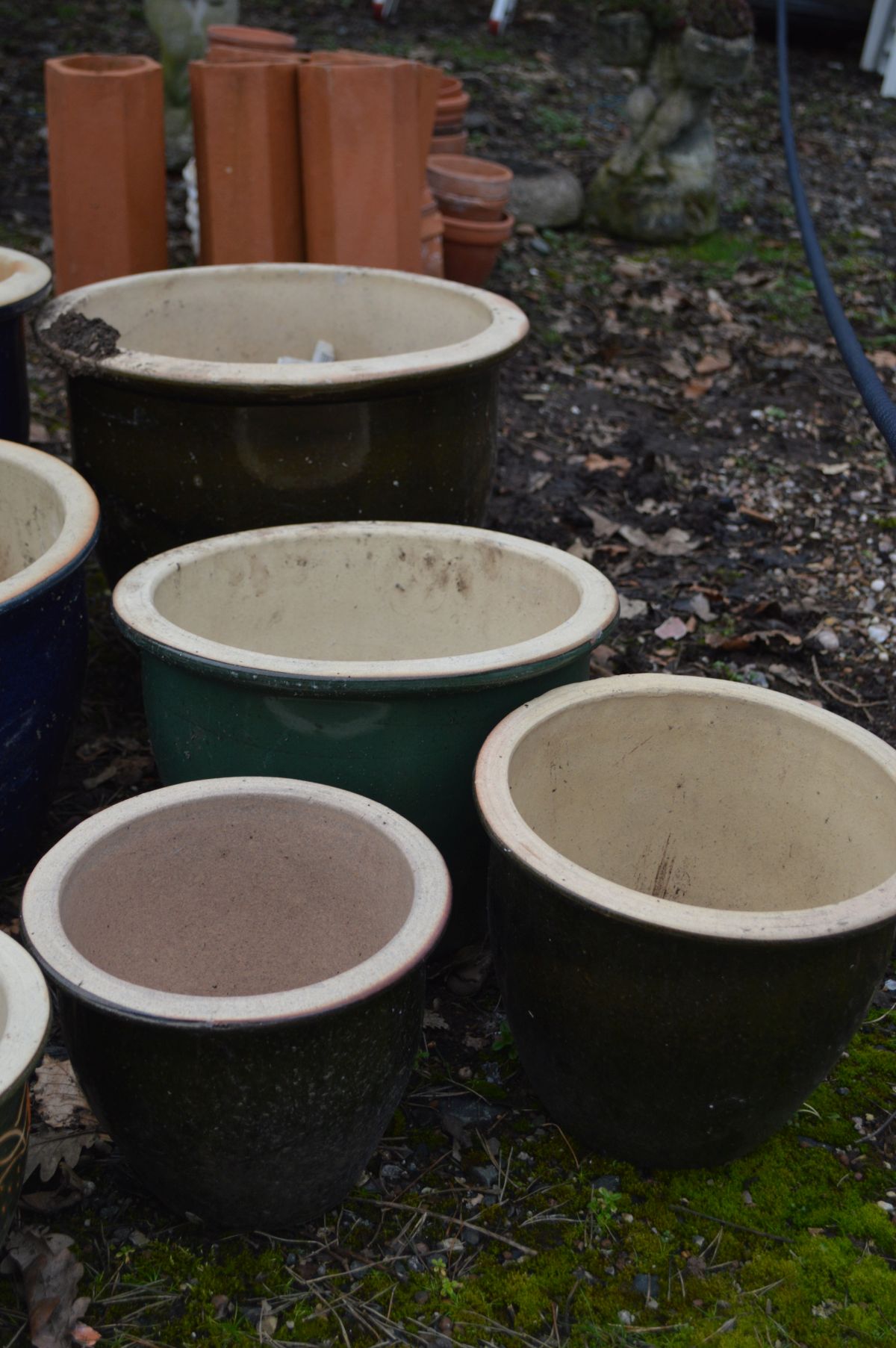 A COLLECTION OF GLAZED CERAMIC GARDEN POTS, four blue, the biggest diameter 38cm x height 35cm, five - Image 3 of 3