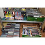 FOUR BOXES AND LOOSE DVD'S AND CD'S, DVD's include: Ocean's Eleven (x2), Life of Pi, Spongebob