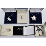 A SELECTION OF SIX CASED PIECES OF JEWELLERY, to include a silver pendant in the form of a rose,