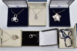 A SELECTION OF SIX CASED PIECES OF JEWELLERY, to include a silver pendant in the form of a rose,