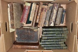 A BOX OF DISTRESSED LEATHER BINDINGS AND OTHER BOOKS, mainly 18th and 19th Century, including an