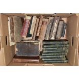 A BOX OF DISTRESSED LEATHER BINDINGS AND OTHER BOOKS, mainly 18th and 19th Century, including an