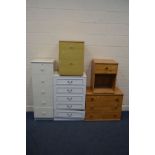 A TALL MODERN CHEST OF FIVE DRAWERS, and four various other chest of drawers/bedside cabinets (5)