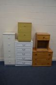 A TALL MODERN CHEST OF FIVE DRAWERS, and four various other chest of drawers/bedside cabinets (5)