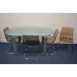 A MODERN OVAL FROSTED GLASS TOP TABLE width 159cm x depth 90cm x height 77cm on metal legs