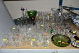 ASSORTED GLASSWARES, to include cut glass whisky glasses, vases, decanter, Stuart Crystal wheel